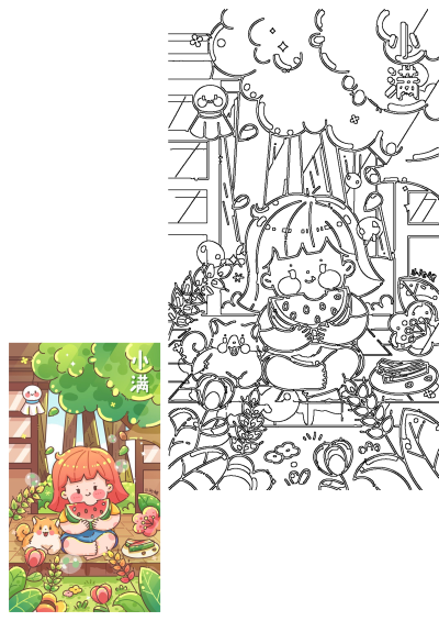 Illustration of a cute girl eating watermelon with a happy dog.  Illustrates Xiaoman, a term in the traditional Chinese calendar. 