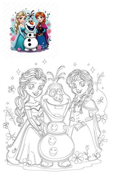 Elsa, Anna and Olaf, the frozen princess and her friend, are standing next to each other in front of a snowman in this cartoon illustration.