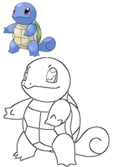 A drawing of a blue and yellow turtle, the pokemon Squirtle, is sitting upright on its back legs in this cute cartoon illustration.