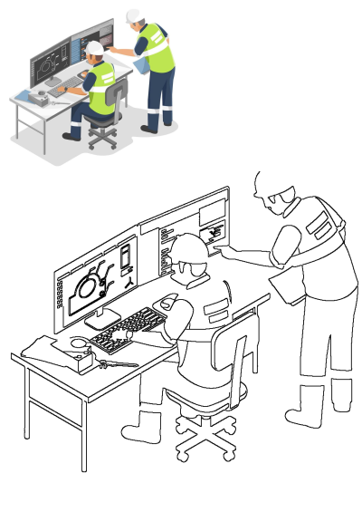 Two engineers in safety vests review CAD drawings on a computer. They use a keyboard and mouse to edit the plans.