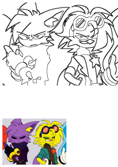 Two cartoon characters are standing next to each other. One is purple with red eyes, the other is yellow and wearing goggles and a red star.