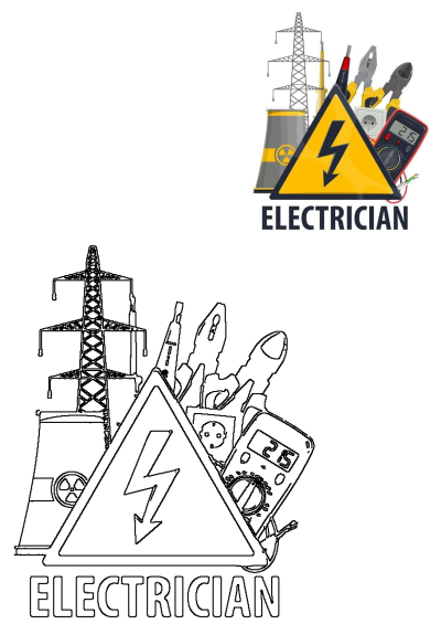 An electrician sign with tools and equipment including pliers, electrical outlet and a meter on a white background. Vector illustration.