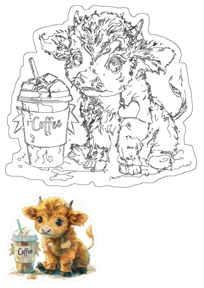 Highland Cow Coffee Addict Sticker for farmhouse decor fun in 2025. Cute illustration of a fluffy calf with a coffee. Sticker.