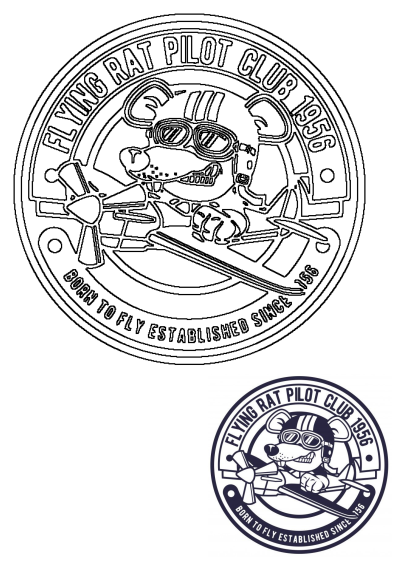 Flying Rat Pilot Club logo featuring a mouse pilot wearing goggles, holding a baseball bat, and flying an airplane. "Born to Fly Established Since 1956".
