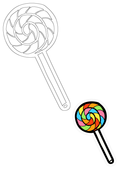 Colorful lollipop sticker with a swirl pattern in shades of yellow, red, orange, blue, pink, and green, isolated on a white background.