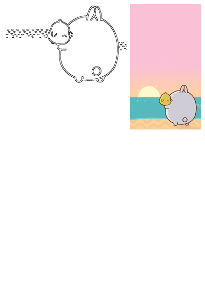 Molang and Piu Piu, the cute cartoon characters, are enjoying a sunset at the beach. A heartwarming scene of friendship and joy.