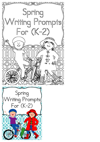 Two children on bikes with 'Spring Writing Prompts for K-2' displayed. Perfect spring writing prompts for students in kindergarten-2nd grade.