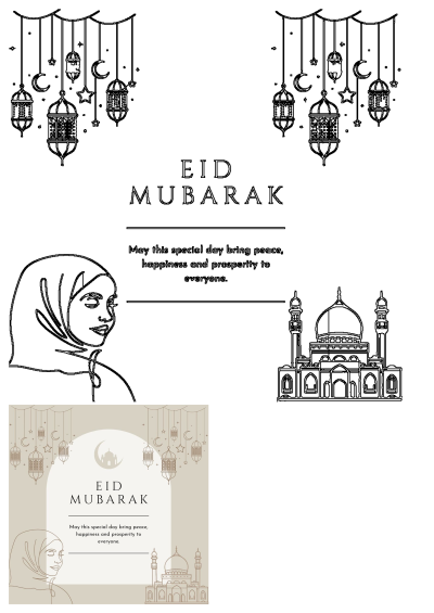 Eid Mubarak greeting card features a woman wearing a headscarf, mosque, hanging lamps, and wishes for peace, happiness, and prosperity to all.