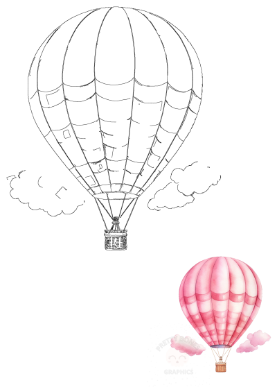 Watercolor painting of a pink hot air balloon floating among fluffy clouds. An illustration perfect for dreamy and whimsical designs.