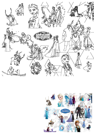 A collage featuring Frozen characters: Elsa, Anna, Olaf, Kristoff, and Sven in various poses. An image of frozen characters in different poses
