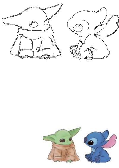 Cute illustration of Baby Yoda and Stitch sitting next to each other on a clean white background. The baby Yoda and Stitchy are sitting next to each other.