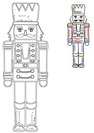 A nutcracker soldier illustration featuring a detailed black outline and a smaller, vibrantly colored version for festive designs.