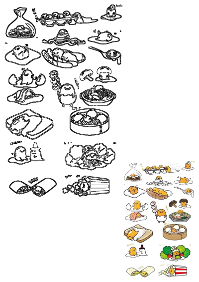 Cartoon characters eating food illustrated with Gudetama, the lazy egg, in various dishes. A fun and quirky image of cartoon characters.