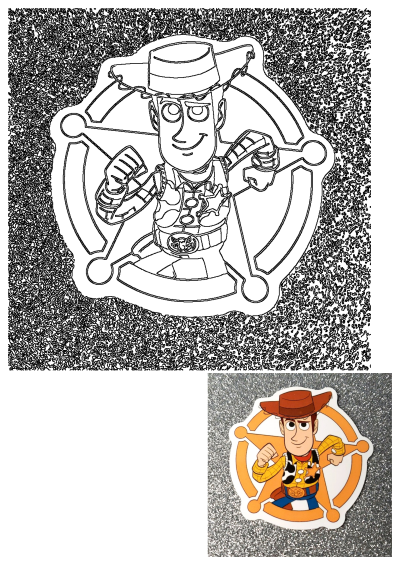 Toy Story Woody sheriff sticker. A sticker with the character Toy Story Woody from Toy Story, in a side pose, against a star-shaped background