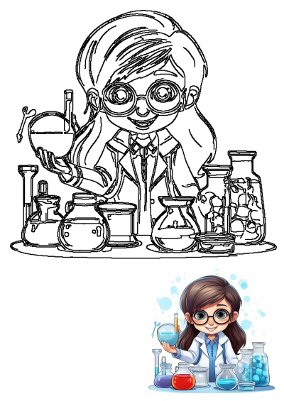 Cartoon image of a young girl scientist with glasses, surrounded by beakers and other scientific tools, conducting a chemistry experiment.