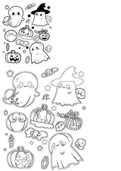 Halloween coloring pages for kids with a ghost, pumpkins, bat, and ghost faces in black and white drawings. A fun activity for the holidays.
