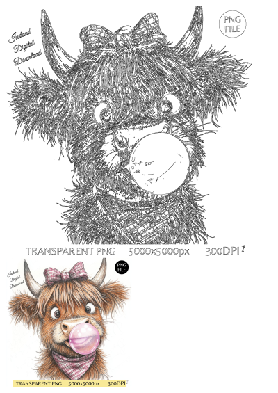 Coquette Highland Cow Bubblegum T-shirt design. Watercolor Highland Cow PNG, cute baby cow clipart, funny Highland Cow Png digital download