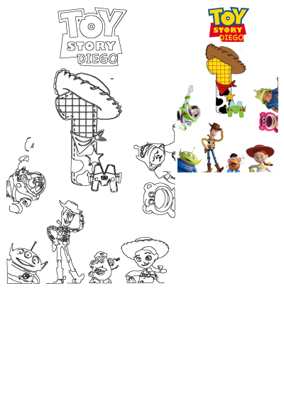 The poster for Toy Story Diego, a colorful birthday poster featuring Toy Story characters and a large number '1' decorated as Woody's sheriff outfit.