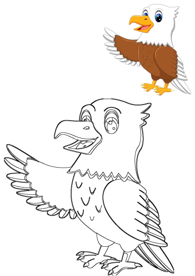 Cartoon illustration of an eagle standing with its wings spread. This cute eagle with bright blue eyes is perfect for children's content.