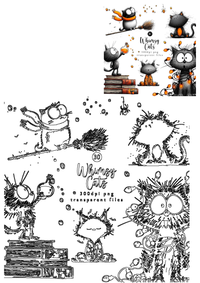 Halloween cat clipart featuring cute black cats with funny expressions. Great for DIY Halloween projects and invitations. Whimsical, watercolor wash style.