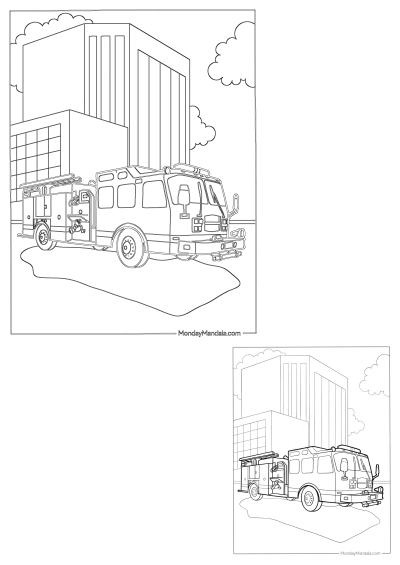 Coloring page showing a fire truck parked in front of a tall building. Great for kids who love fire engines and want to create their own masterpiece!