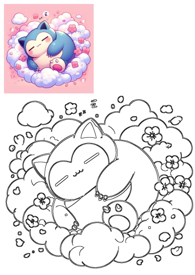 A cute cartoon image of Snorlax, a Pokémon, peacefully sleeping on a cloud surrounded by cherry blossoms. It's a cartoon cat sleeping on top of a cloud.