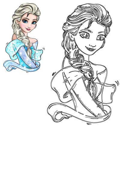 Illustration of Elsa, the frozen princess, with beautiful long braided hair and a sparkling blue dress. A charming character design.