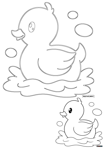 Free Rubber Duck Coloring Page for Kids. Cute cartoon rubber duck in water with bubbles, perfect for a fun and simple coloring activity.