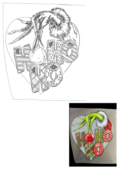 A heart-shaped sticker of the Grinch holding a Christmas ornament above festive HO HO letters. The Grinch's grin adds a touch of mischief.