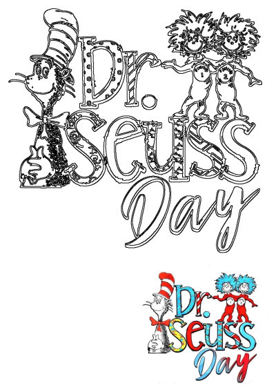 Dr. Seuss Day illustration with Cat in the Hat and Thing 1 and Thing 2, celebrates reading with whimsical characters.