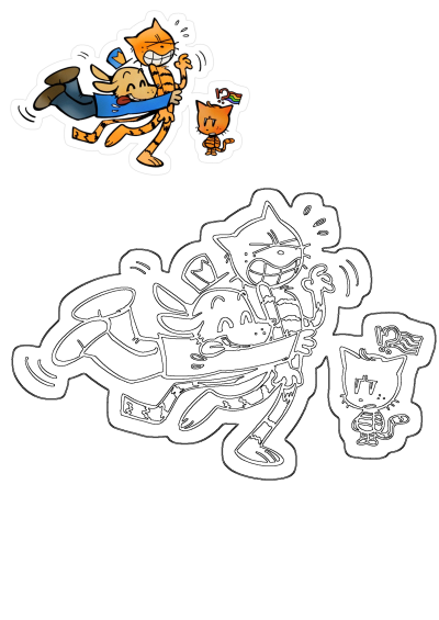 Cartoon image of a dog joyfully hugging an orange cat with stripes. A smaller orange cat with a pride flag looks on in surprise. Cat and dog playing.