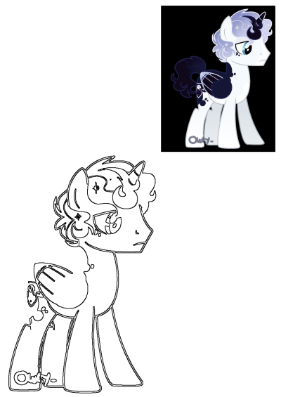 A digital illustration of a unicorn pony character with white body, blue mane and tail, and unique cutie mark on black background.