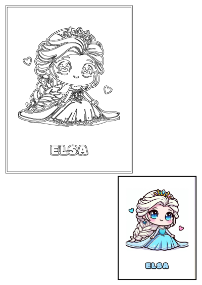 Chibi Elsa coloring page. Adorable cartoon style Elsa from Frozen with big eyes and a braided hairstyle. Cute drawing with heart symbols.