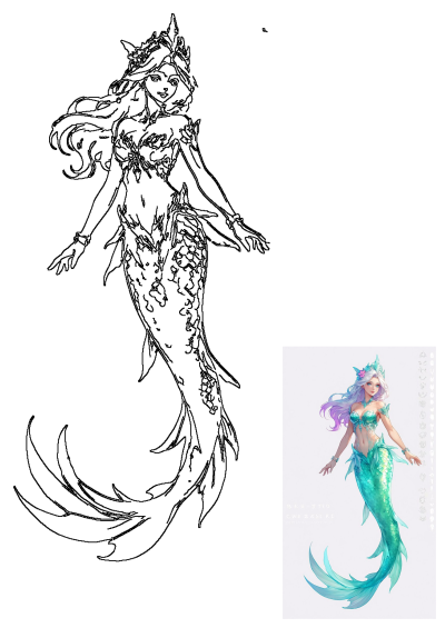 Anime-style mermaid illustration featuring flowing, lavender-tipped white hair, and turquoise scales. The mermaid's outfit is adorned with translucent accents.