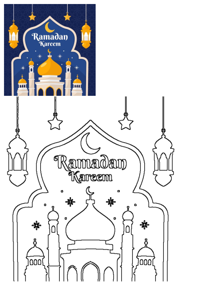 Ramadan Kareem greeting card illustration features a mosque, golden lanterns, stars and a crescent moon for a festive and celebratory design.