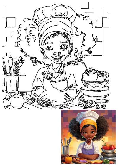 Cartoon illustration of an African-American chef cooking in the kitchen. Premium photo of food preparation in an American kitchen.