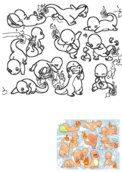 A collection of adorable Charmander fan art, each with a unique pose and expression against a light blue backdrop with cloud patterns.