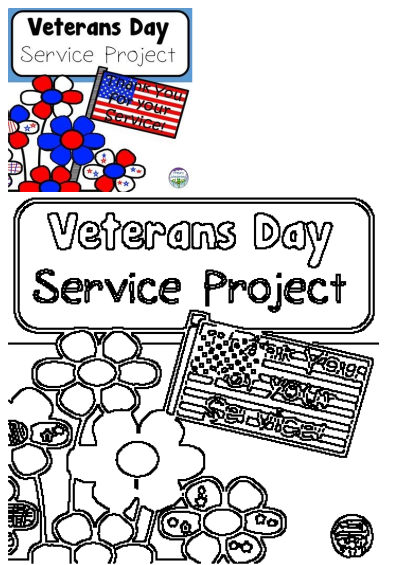 Veterans Day Service Project Thank You Craft Activity Printable. Features patriotic flowers and an American flag with a thank you message.