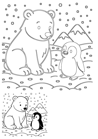 Illustration of a polar bear and penguin sitting in the snow. Cute cartoon image of the arctic animals against a snowy, mountainous backdrop.