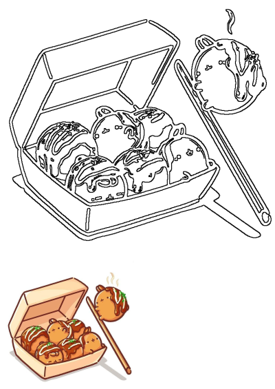 Cartoon illustration of an open box filled with takoyaki drizzled with sauce and topped with green garnish, next to a pair of chopsticks.