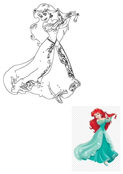 Illustration of Princess Ariel from The Little Mermaid, with red hair, wearing a light teal gown while combing her hair.