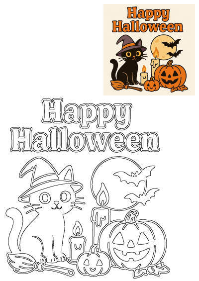 Happy Halloween image featuring a black cat with a witch's hat, a lit candle, and a jack-o'-lantern. Cute Halloween themed image. 