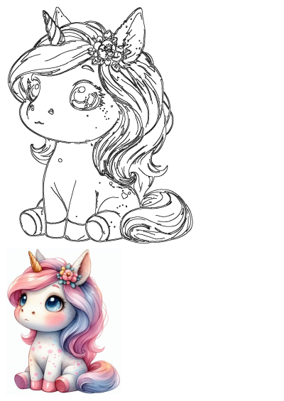 Adorable baby unicorn with pastel pink and blue mane, flower crown, and golden horn, sitting cutely. Includes a black and white line art version.