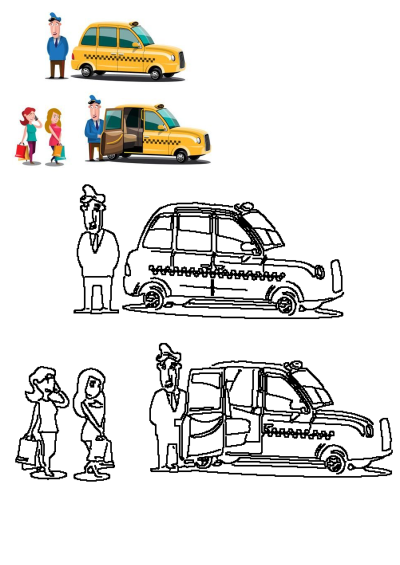 Illustration of three people standing next to a yellow taxi cab and a man in a blue suit waiting. Vector illustration of taxi service.