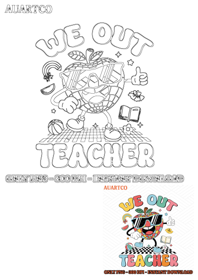 We out teacher with an apple wearing sunglasses in a colorful cartoon design. A fun image for teacher appreciation or end of school year!