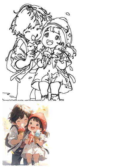 Anime-style illustration of two happy children, a boy and a girl, eating colorful ice cream cones on a bright day with falling leaves.