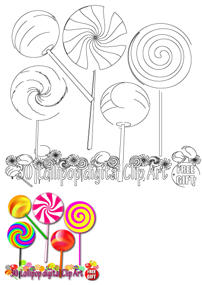 Colorful lollipops clip art featuring a variety of bright, swirled candy designs and a free gift. Download this fun graphic!