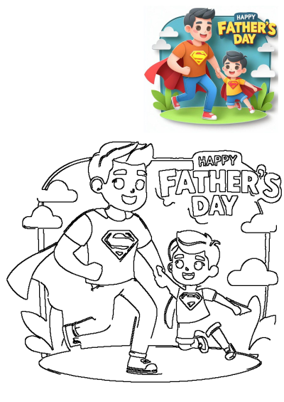 Father's Day greeting card featuring a cartoon father and son holding hands. They both wear superhero costumes with capes and emblems.