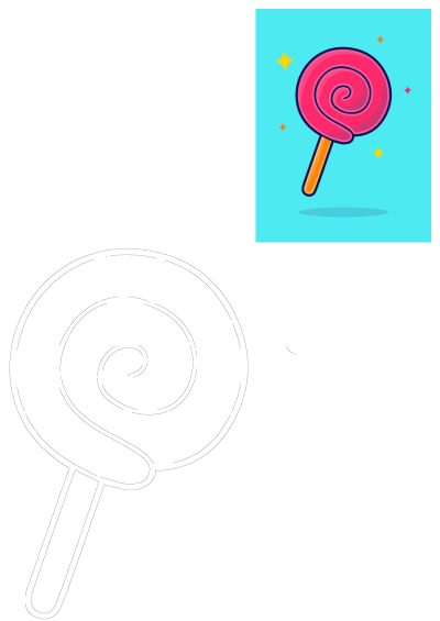 A cartoon style image of a pink lollipop on a vibrant blue background with decorative stars. Bright colors make this sweet treat pop!