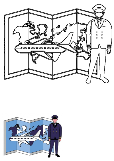 Pilot standing next to an airplane in front of a world map. Cartoon illustration of air travel and global destinations.